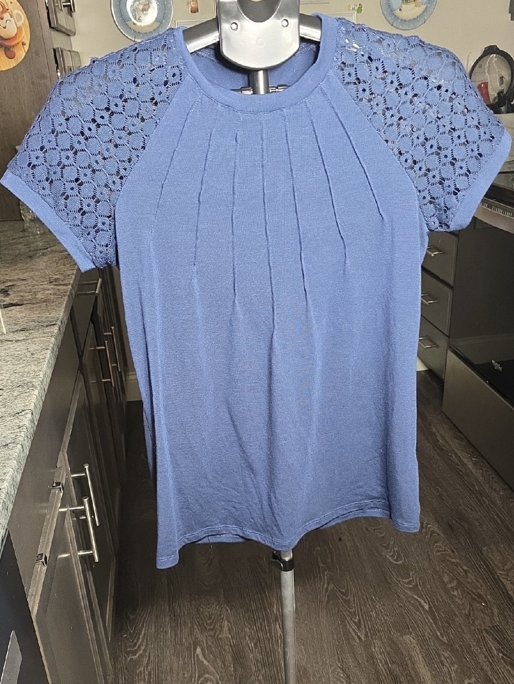 Women's Navy Short-Sleeve Tee with Crochet Shoulders